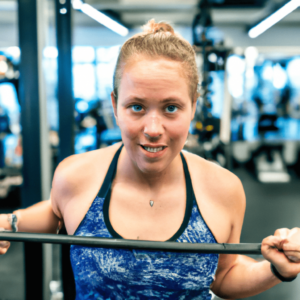 A photo of a female working out in a gym. The female is smiling and looks determined. She is wearing workout clothes and is lifting weights. The background of the photo is a gym wall.