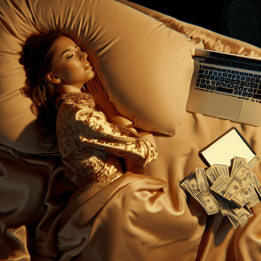 A Person Sleeping Soundly In Bed, With A Laptop Open On The Nightstand And A Stack Of Cash Next To It.