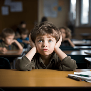 A photo of a young boy with ADHD sitting in a classroom. The boy is fidgeting with his hands and looking around the room.