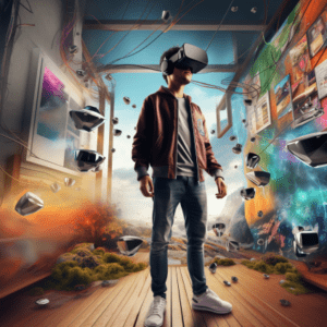 A person wearing a virtual reality headset and standing in a virtual world.