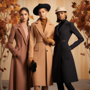 **Visualize a captivating featured image that celebrates diversity in fall fashion. It depicts three fashionable young women standing side by side against a backdrop of colorful autumn foliage. Each lady showcases a distinct fall fashion style: Classic Elegance: The lady on the left exudes classic elegance, wearing a knee-length camel wool coat, black leather gloves, and a felt hat. Her look represents timeless sophistication. Casual Chic: In the center, the second lady exudes casual chicness with a chunky knit sweater, dark wash jeans, and black ankle boots. She embodies comfort and style effortlessly. Boho Beauty: On the right, the third lady embraces bohemian flair with a flowing plaid skirt, a turtleneck sweater, and knee-high boots. Her look adds a touch of whimsy to the ensemble.*
