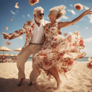 happy old rich couple dancing on a luuxury beach enjoying the vacation and luxuary life